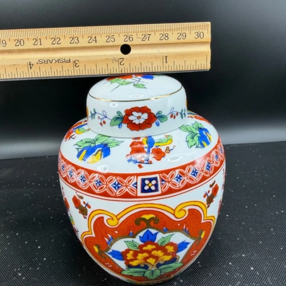 Vintage Porcelain Ginger Jar Floral Bird‎ Chinoiserie Lidded Vase Gilt 5 Inch